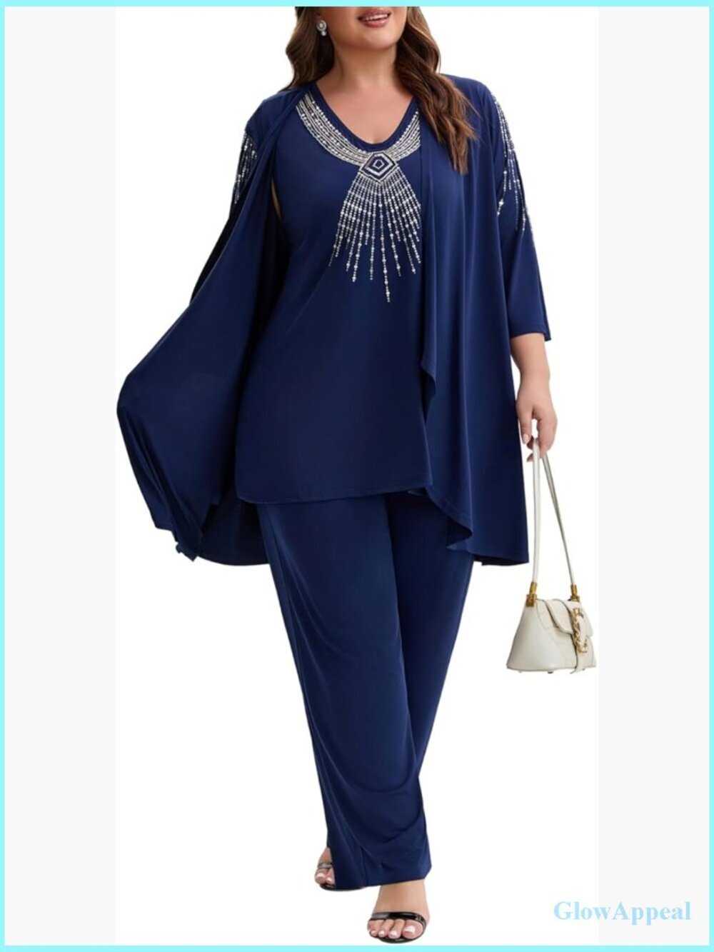 Plus Size Mother of Bride Pant Suit 3 Piece Elegant Sequin Embroidered Knit